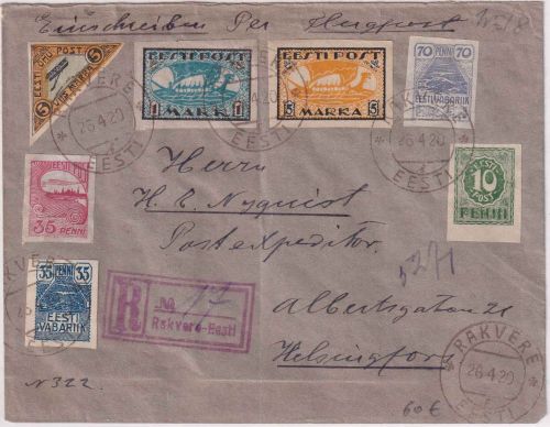 Estland - 5+1 M. Wikingerschiff u.a. Luftpost-Einschreibebrief n. FINNLAND 1920