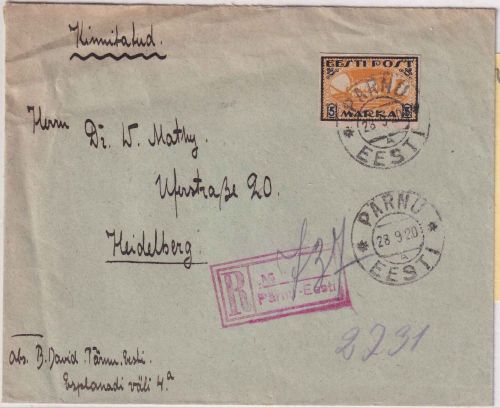 Estland - 5 M. Wikingerschiff Einschreibebrief Pärnu - Heidelberg 1920