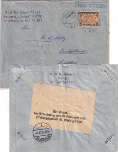 Estland - 5 M. Wikingerschiff Einschreibebrief Tallin - Heidelberg 1920 Zensur