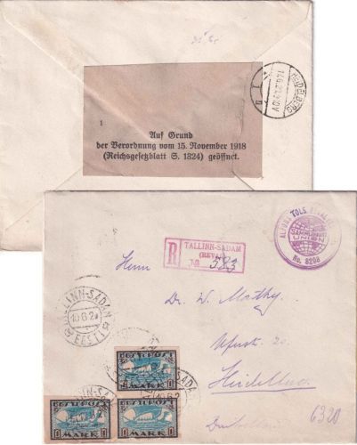 Estland - 3x1 M. Wikingerschiff Einschreibebrief Tallinn Heidelberg 1920 Zensur