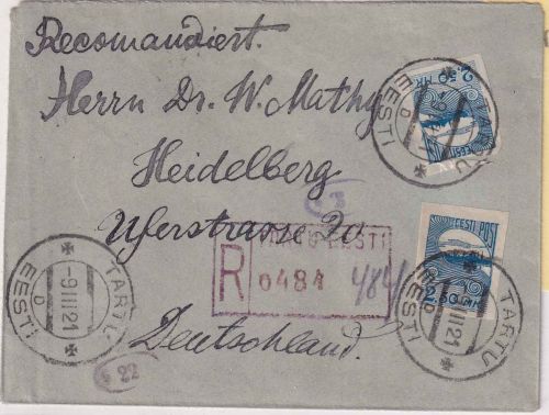 Estland - 2x2,50 M. Reval Einschreibebrief Tartu - Heidelberg 1921