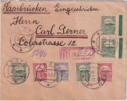 Estland - 2 M./35 P. Reval u.a. Einschreibebrief i. SAARGEBIET Tartu 1920