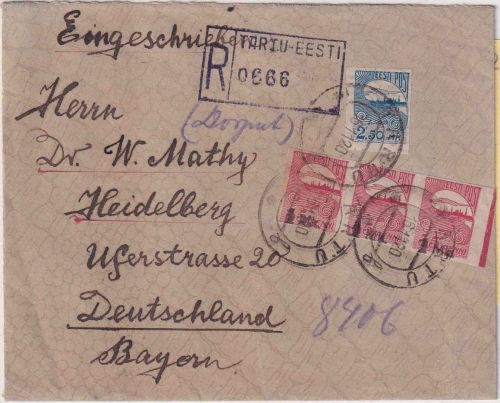 Estland - 3x1 M./35 P.+2,50 M. Reval Einschreibebrief Tartu - Heidelberg 1920