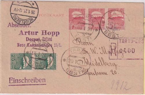 Estland - 3x1 M. + 2x25 P. Reval Einschreibekarte Tartu - Heidelberg 1921