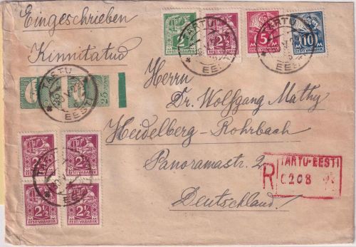 Estland - 10 M. Schmied u.a. Einschreibebrief Tartu - Heidelberg 1922