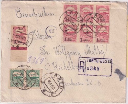 Estland - 7x1 M./35 P.+2x25 P. Reval Einschreibebrief Tartu - Heidelberg 1920