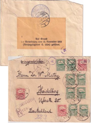 Estland - 3x1 M. + 8x25 P. Einschreibebrief Tartu - Heidelberg 1921 Zensur