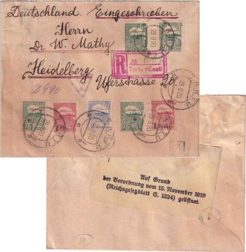 Estland - 2x 1M/35 P. Reval u.a. Einschreibebrief Tartu - Heidelberg 1920 Zensur