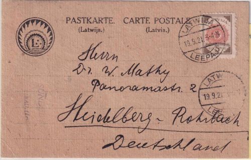 Lettland - 3 R. Freimarke Karte Leepaja (Libau) - Heidelberg 1921
