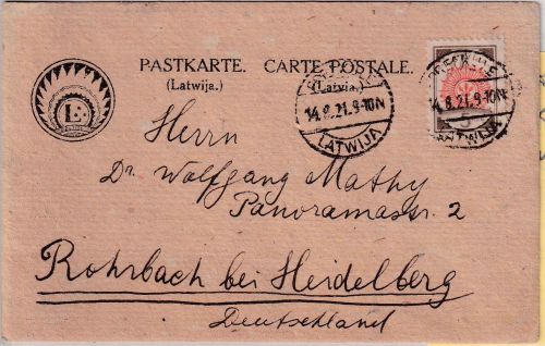 Lettland - 3 R. Freimarke Karte Preekule (Priekule) - Rohrbach b Heidelberg 1921