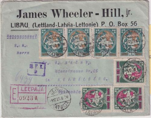 Lettland - 3x50 K. + 4x1 R. Mutter Latvjia Einschreibebrief Leepaja (Libau) 1920