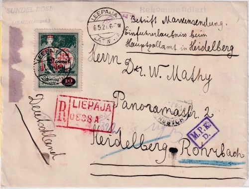 Lettland - 10 R/1 R Latvija/Überdruck Einschreibebrief-Vds. Leepaja (Libau) 1921