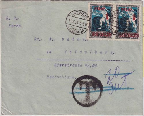 Lettland - 2x1 R./35 K. Drachentöter Brief Leepaja (Libau) 1921 Nachporto