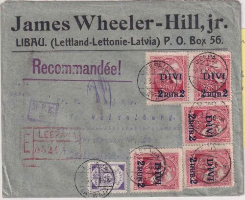 Lettland - 5x2 R./50 K. Volksvertretung u.a. Einschreibebrief Leepaja 1921