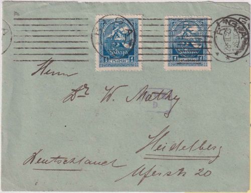 Lettland - 2x1 R. Volksvertretung Brief Riga - Heidelberg 1920 Zensur Königsberg