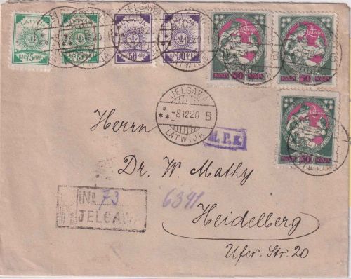 Lettland - 3x50 K. Mutter Lavjia u.a. Einschreibebrief Jelgava (Mitau) 1920