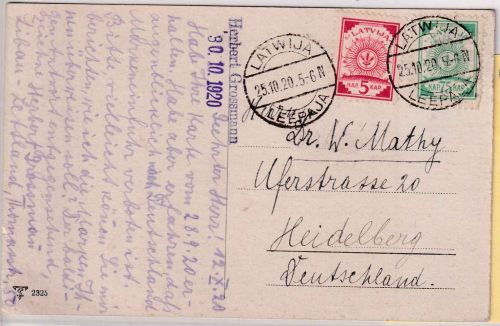 Lettland - 75+5 K. Freimarken Karte Leepaja - Heidelberg 1920