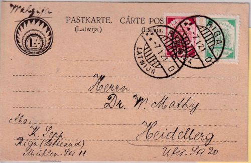 Lettland - 75+5 K. Freimarken Karte Riga - Heidelberg 1921