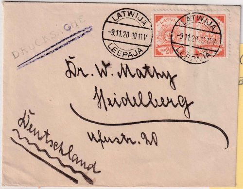 Lettland -2x20 K. Freimarken Drucksachenbrief Leepaja - Heidelberg 1920