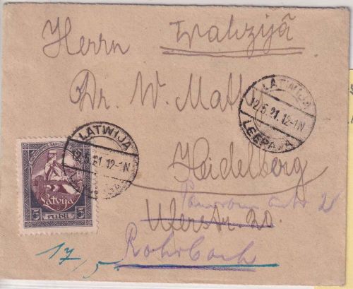 Lettland -1 R. Volksvertretung Brief Leepaja - Heidelberg 1920 Nachsendung