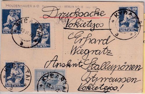 Litauen - 4x20 A. Sämann u.a. Drucksachenkarte Kybartai - Stallupönen 1922