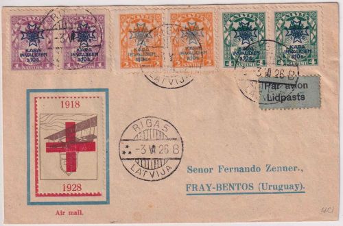 Lettland - 2x Invaliden-Satz 1923 Schmuckkuvert/Luftpostbrief n URUGUAY Riga 1926