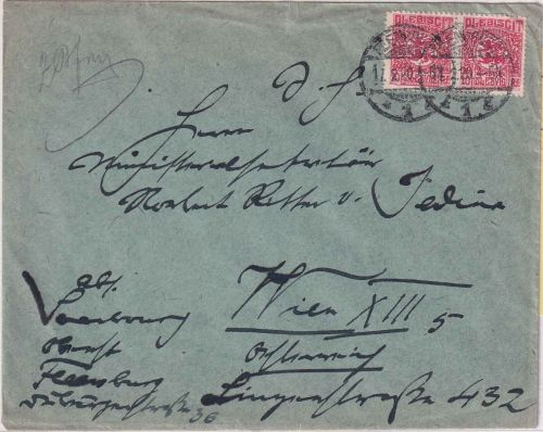 Schleswig - 2x10 Pfg. Freimarke brief n. ÖSTERREICH Flensburg - Wien 1920
