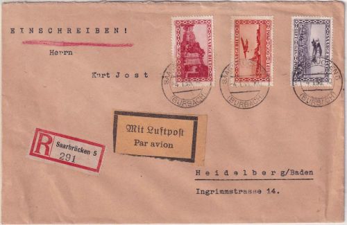 Saargebiet - 1 Fr. Flugpostausgabe u.a. Lupo-Einschreibebrief Saarbrücken 5 1933