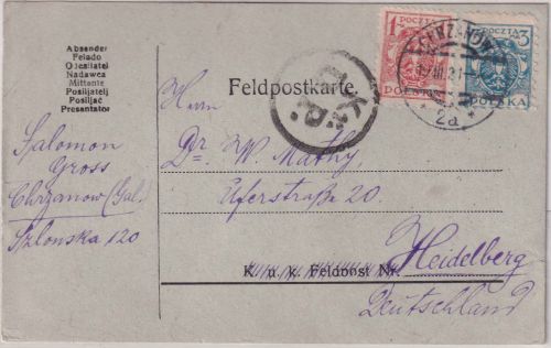 Polen - 1+3 M. Adler Karte Chrzanow - Heidelberg 1921 Zensur Krakau