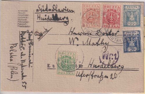 Polen - 25H. Adler u.a. Währungs-Mischfrank. Karte Piotrkow 1920 Zensur Warschau