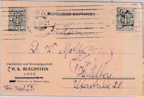 Polen - 2x2 M. Adler Karte Lodz - Heidelberg 1921 Zensur Lodz