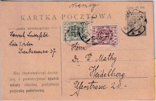 Polen - 25 F. Adler Ganzsache+Zusatz Lodz - Heidelberg 1920 Zensur Lodz