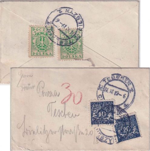 Polen - 2x5 H. Adler Ortsbriefchen Teschen 1919 10+20 H. Portomarken/Nachporto