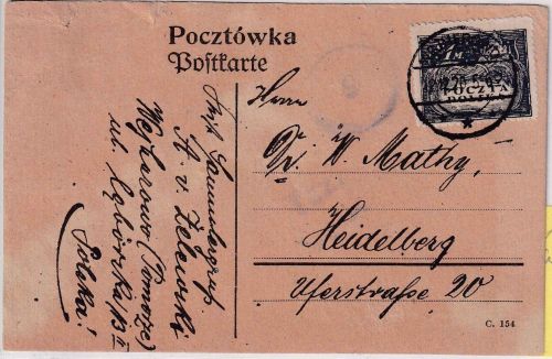 Polen - 1 M. Landmann Karte Wejherowo - Heidelberg 1920 Zensur Tczew ?