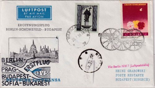 Polen - DDR-Lufthansa Erstflug Berlin/Budapest Zuleitungspost 1956