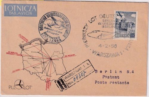 Polen - DDR-Lufthansa/LOT Erstflug Warschau/Berlin Luftposteinschreibebrief 1956