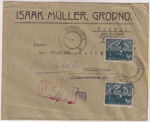 Polen - 2x10 M. Sämann Einschreibebrief Grodno - Heidelberg 1921