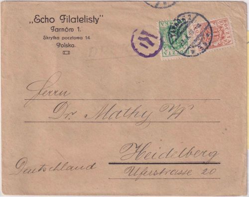 Polen - 10+5 H. Adler Drucksachenbrif Tarnow - Heidelberg 1919 Zensur Krakau