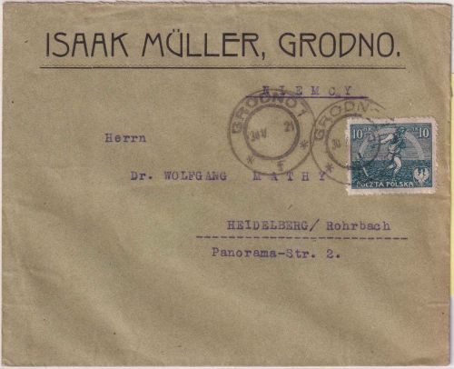 Polen - 10 M. Sämann Firmenbrief Grodno - Heidelberg 1921