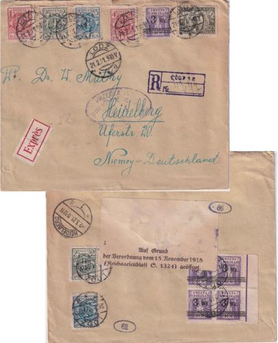 Polen - 5x3 M./40 F. u.a. Eil-Einschreibebrief Lodz Heidelberg 1921 Doppelzensur