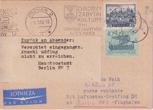 Polen - Poznan 1963 Luftpostkarte Zuleitungspost Erstflug Berlin/Bukarest retour
