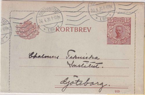 Schweden - 15 Ö. König Gustav V. Ganzsache/Kartenbrief Kristianstad 1920