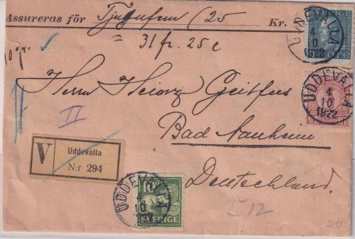 Schweden - 15 Ö. König Gustav V. u.a. Wertbrief Uddevalla - Bad Nauheim 1922