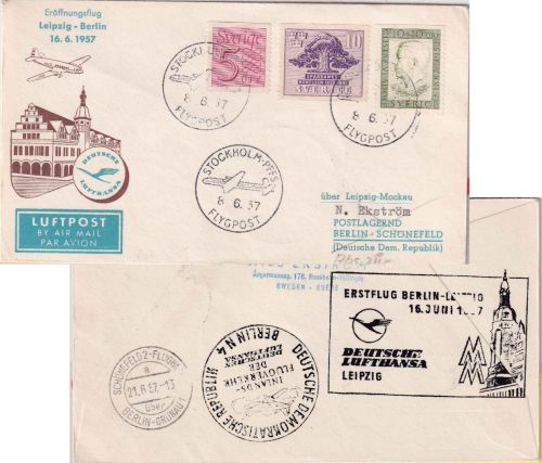 Schweden - DDR Lufthansa Erstflug Leipzig/Berlin Zuleitungspost 1957