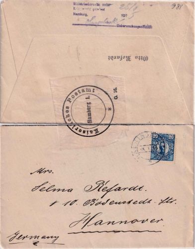 Schweden - 20 Ö. König Gustav V. Zensurbrief Hälsingborg 1915 Zensur Hamburg