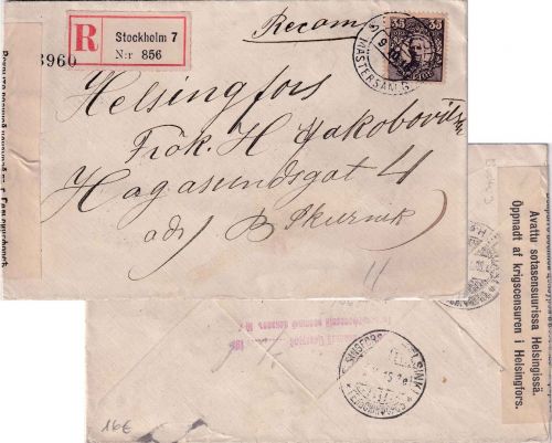 Schweden - 35 Ö. König Gustav V. Einschreibebrief n. Finnland Stockholm 7 1916