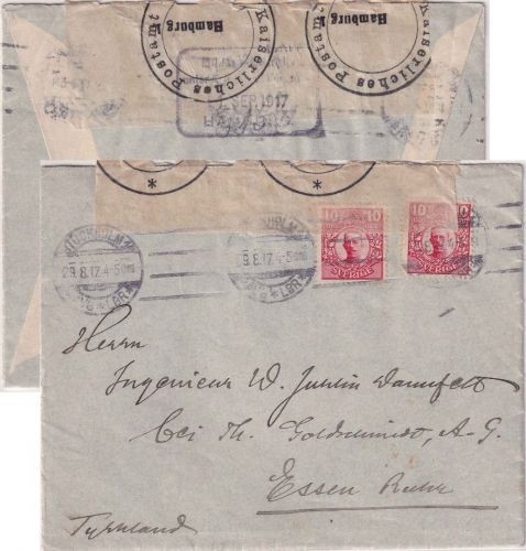 Schweden - 2x10 Ö. Königs Gustav V. Zensurbrief Stockholm - Essen 1917