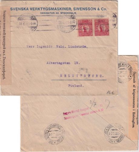Schweden - 2x10 Ö. Königs Gustav V. Zensurbrief n. FINNLAND Stockholm 1917