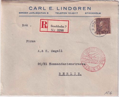 Schweden - 45 Ö. Königs Gustav V. Luftpost-Einschreibebrief Stockholm 7 1934