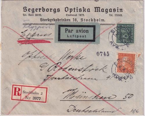 Schweden - 85+20 Ö. Freimarken Luftpost-Eil-Einschreibebrief Stockholm 2 1934